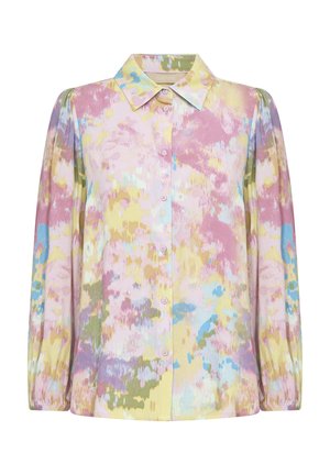 Barvasta bluza z gumbi na sprednji strani, širšim ovratnikom in dolgimi rokavi z nabranimi detajli. Barve vključujejo roza, rumeno in modro.