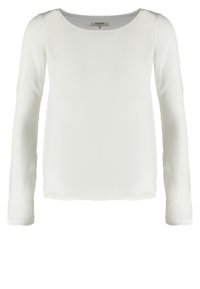 Chemise blanche à manches longues avec col rond, devant uni et tissu lisse, taille 42, étiquette Zalando visible à l'intérieur du col.