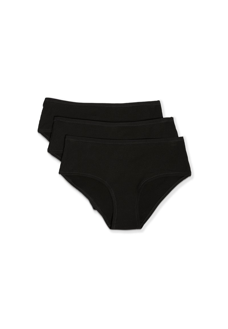 Slip neri in cotone in confezione da tre, caratterizzati da una morbida texture a costine, elastico in vita e taglio hipster standard.