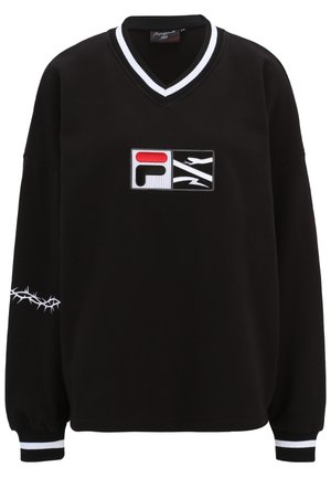 Felpa nera con scollo a V, colletto a righe bianche e polsini a costine. Presenta una patch con logo audace e ricami bianchi simili a spine sulla manica.