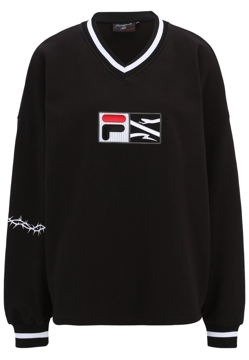 Sudadera negra con cuello en V, cuello blanco a rayas y puños acanalados. Presenta un parche de logotipo en negrita y bordado blanco en forma de espinas en la manga.