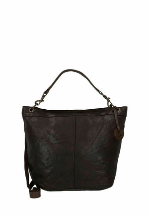 Borsa a tracolla in pelle marrone scuro con una superficie liscia, manico curvo e tracolla laterale. Presenta un ciondolo rotondo con un dettaglio a forma di ancora.