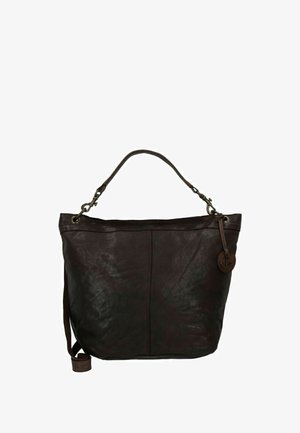 Borsa a tracolla in pelle marrone scuro con una superficie liscia, manico curvo e tracolla laterale. Presenta un ciondolo rotondo con un dettaglio a forma di ancora.