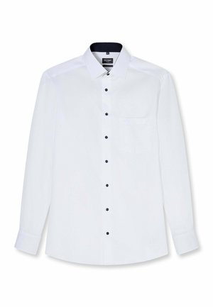 Wit heren overhemd met lange mouwen, zwarte knopen, klassieke kraag, enkele borstzak en zwarte binnenvoering van de kraag.