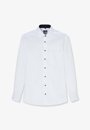 Biała męska koszula wizytowa z długim rękawem, czarnymi guzikami, klasycznym kołnierzem, pojedynczą kieszenią na piersi oraz czarną podszewką wewnętrznego kołnierza.