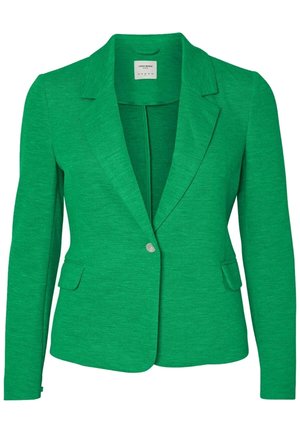 Heldergroene getailleerde blazer met inkeping op de revers, enkele knoopsluiting, lange mouwen en twee klepzakken aan de voorkant.
