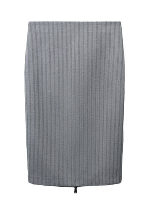 Jupe grise en crêpe avec un motif en chevron, présentant des rayures verticales. Elle dispose d'une fermeture éclair au dos et a une texture lisse.