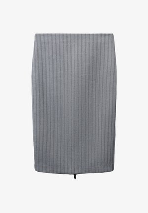 Gonna grigia a matita con un motivo a spina di pesce, caratterizzata da strisce verticali. Presenta una zip sul retro per la chiusura e una texture liscia.
