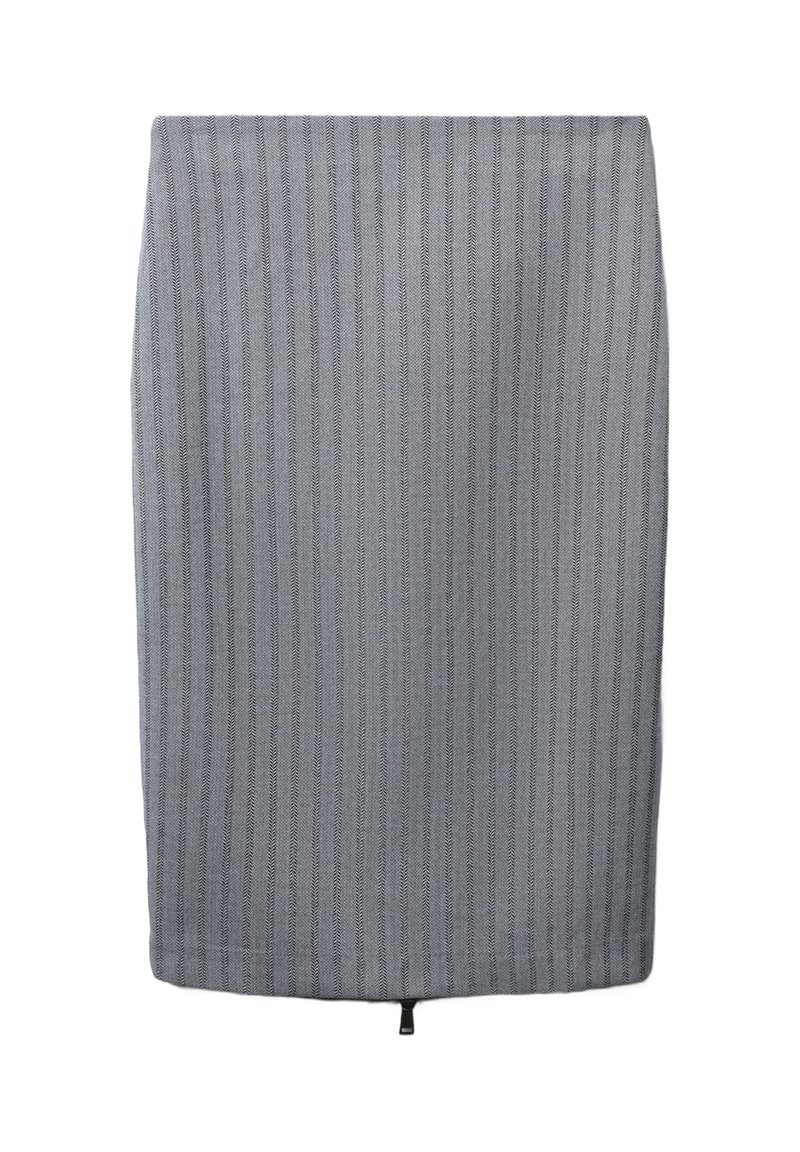 Gonna grigia a matita con un motivo a spina di pesce, caratterizzata da strisce verticali. Presenta una zip sul retro per la chiusura e una texture liscia.