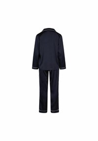 Completo pigiama blu navy realizzato in tessuto morbido, con una camicia con colletto a maniche lunghe e pantaloni abbinati con dettagli in piping bianco.