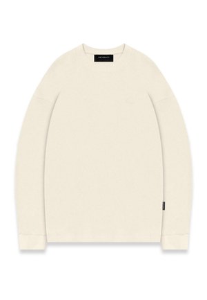 Off-white long-sleeve sweater with a textured knit pattern, wide crew neck, and brand label tag on the left sleeve.