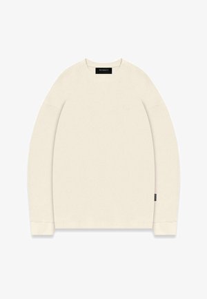 Off-white Langarmpullover mit strukturiertem Strickmuster, weitem Rundhalsausschnitt und Markenetikett auf dem linken Ärmel.