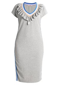 Grå knälång klänning i mjukt tyg, med en volangförsedd V-ringning och flerfärgad kant. Den har blåa sidostråk.