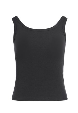 Sort ærmeløs ribbet tanktop med bådudskæring og tætsiddende talje, vist på hvid baggrund.