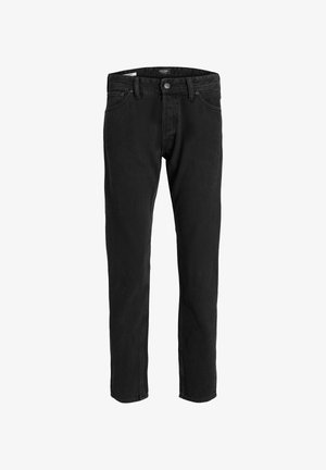 Black denim jeans with a straight-leg design, featuring a classic five-pocket structure, metal button closure, and a slightly faded finish.