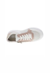 Baskets blanches et rose clair avec tissu en maille, fermeture à lacets et détail de fermeture éclair. Semelle rembourrée pour un confort optimal.