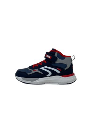 Scarpe atletiche alte con un design blu navy, grigio e rosso, dotate di una fascia in velcro, suole in gomma e un marchio ben visibile.