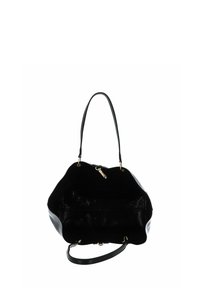 Borsa nera in pelle liscia con dettagli in tessuto testurizzato. Presenta una forma curva, un manico singolo e dettagli in metallo dorato.