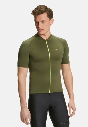 Short-sleeve cycling jersey in olive green fabric with a full front zipper and contrasting neon green zipper pull, featuring the logo on the chest.