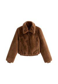 Brązowa krótka kurtka z futerka ekologicznego z kołnierzem, długimi rękawami i zamkiem z przodu. Wykonana z teksturowanego materiału, posiada boczne kieszenie.