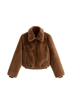 Giacca corta marrone in pelliccia sintetica con colletto, maniche lunghe e chiusura frontale con zip. Presenta materiale testurizzato e tasche laterali.