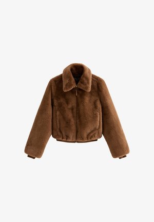 Giacca corta marrone in pelliccia sintetica con colletto, maniche lunghe e chiusura frontale con zip. Presenta materiale testurizzato e tasche laterali.
