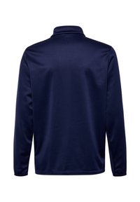 Marineblauwe pullover met lange mouwen, hoge kraag, gladde stof en elastische manchetten, van achteren weergegeven op een witte achtergrond.