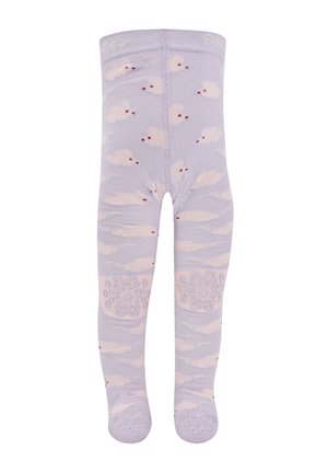 Lavendelfarbene Babystrumpfhose mit weißem Schafmuster, rutschfeste Griffflächen an Knien und Sohlen, dehnbares Strickmaterial.