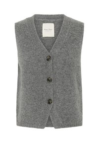 Grau gestrickte Weste mit V-Ausschnitt, ausgestattet mit vier dunklen Knöpfen. Der Stoff hat eine weiche Textur und einen geraden Saum.