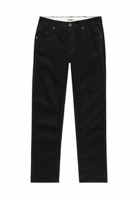 Zwarte denim broek met een rechte pijp, met vijf zakken en een klassieke knoopsluiting. De stof heeft een gladde textuur.