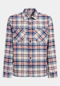 Camicia a maniche lunghe con bottoni, con un motivo a quadri rosso, blu e bianco, due tasche sul petto e colletto classico.