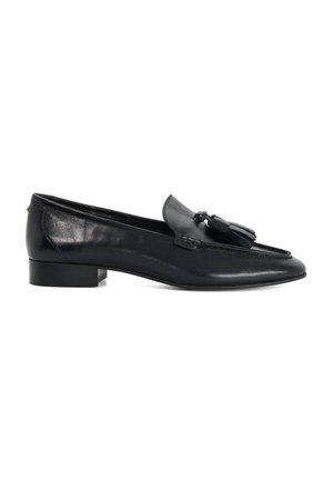 Mocassin en cuir noir avec petit talon et détail pompon sur le dessus, présenté en profil sur fond blanc.