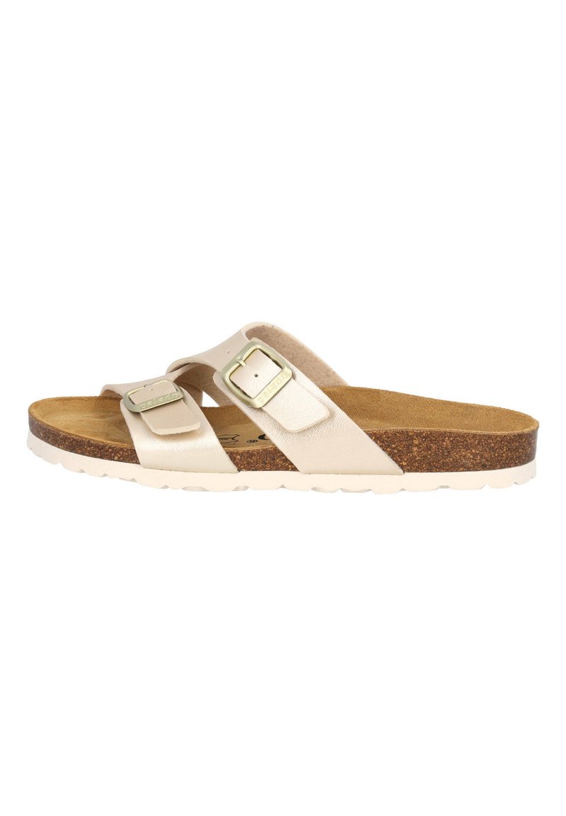 Sandalo scivoloso in pelle beige con due fibbie regolabili, soletta in sughero, insole testurizzata e suola in gomma bianca. Finitura liscia e design piatto.