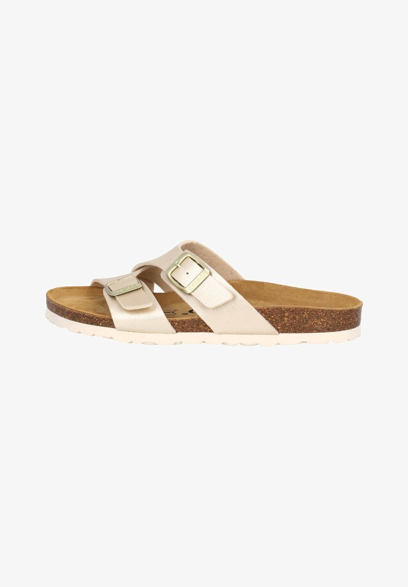 Beige Leder-Slide-Sandalette mit zwei verstellbaren Schnallen, Korkfußbett, strukturiertem Fußbett und rutschfester Gummisohle. Glatte Oberfläche und flaches Design.