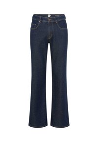 Donkerblauwe denim flared jeans met een knoopsluiting, riemlussen en vijf zakken. Voorzien van contrasterende stiksels en een gladde textuur.