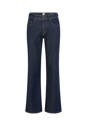 Mørkeblå denim bukser med flared ben, knaplukning, bæltestropper og fem lommer. Har kontraststing og en glat tekstur.