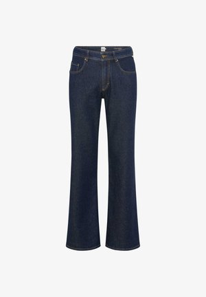 Dunkelblaue Jeans im Schlagstil mit Knopfverschluss, Gürtelschlaufen und fünf Taschen. Mit kontrastierenden Nähten und glatter Textur.