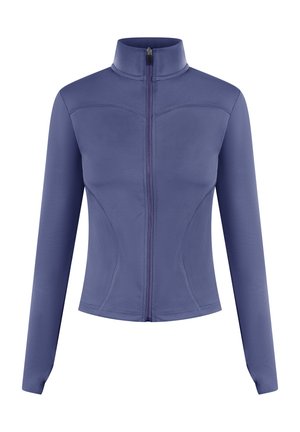 Paarse sportieve jas met een hoge kraag, volledige rits aan de voorkant, lange mouwen en gebogen naaddetails. Gemaakt van gladde, rekbare stof.