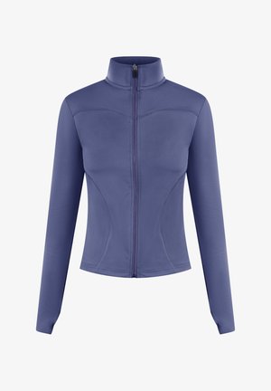 Veste de sport violette avec un col montant, fermeture éclair sur le devant, manches longues et détails de couture arrondis. Fabriquée en tissu lisse et extensible.