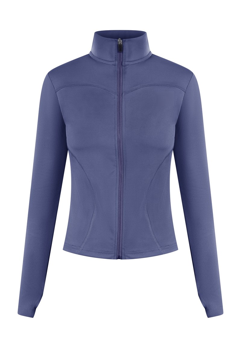 Chaqueta deportiva púrpura con un alto cuello, cremallera frontal completa, mangas largas y detalles de costura en curva. Hecha de un tejido suave y elástico.