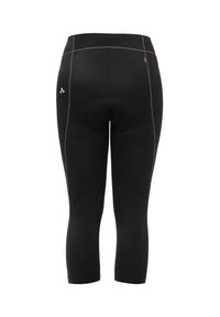 Svarta capri-leggings med en slät textur, som har kontrasterande vit stickning, en centrerad bakpanel och en liten logotyp på sidan.