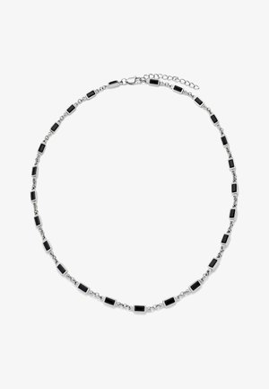 Silberne Halskette mit gleichmäßig verteilten kleinen rechteckigen schwarzen Steinen, verbunden durch kleine runde Verbindungsstücke, mit Karabinerverschluss und verstellbarer Kette.