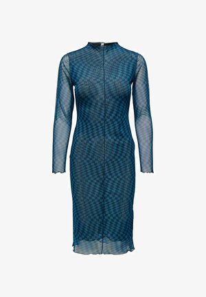 Vestido transparente de manga larga y largo hasta la rodilla con patrón de tablero de ajedrez de ilusión óptica en azul y negro y cuello alto.