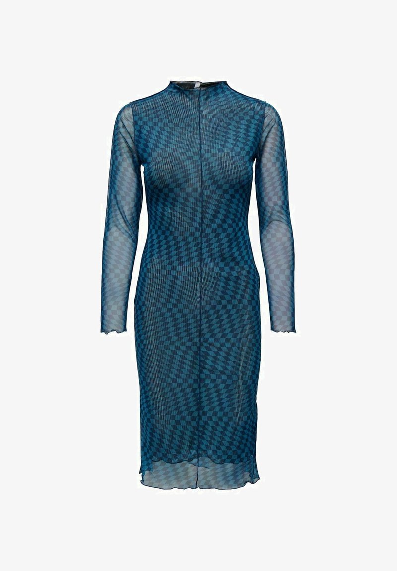Robe longue à manches longues, longueur genoux, transparente avec un motif damier illusion d’optique bleu et noir et un col haut.
