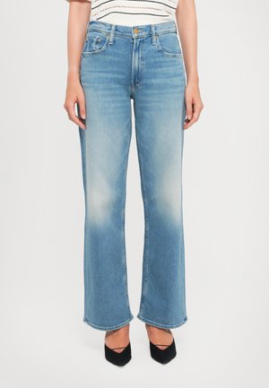 Light blue wide-leg jeans with a high waist, featuring a faded texture and subtle whiskering. Finished with traditional five-pocket design.