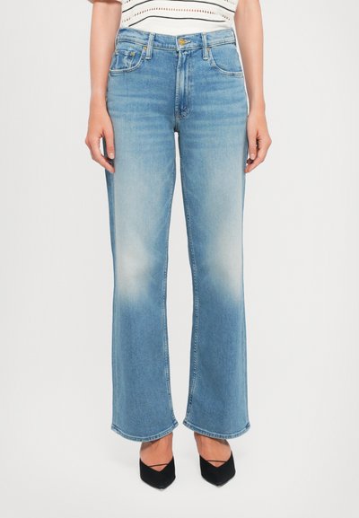 Light blue wide-leg jeans with a high waist, featuring a faded texture and subtle whiskering. Finished with traditional five-pocket design.