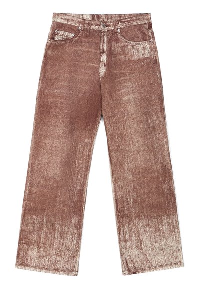 Brown denim jeans feature a textured, gradient design with lighter fading. Four pockets and silver hardware accents are included.