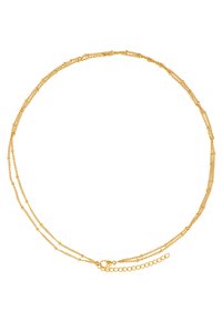 Collana in metallo dorato con più fili di diverse lunghezze, collegati da piccoli anelli rotondi e chiusura a gancio.