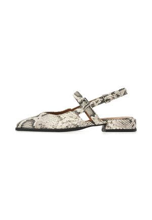 Pointed-toe slingback flat with low block heel in white and gray snakeskin pattern, featuring double silver buckle straps.