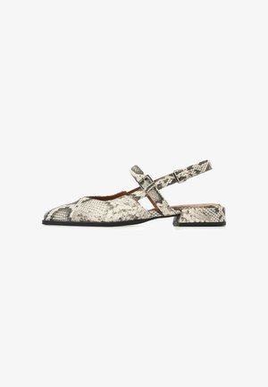 Pointed-toe slingback flat with low block heel in white and gray snakeskin pattern, featuring double silver buckle straps.